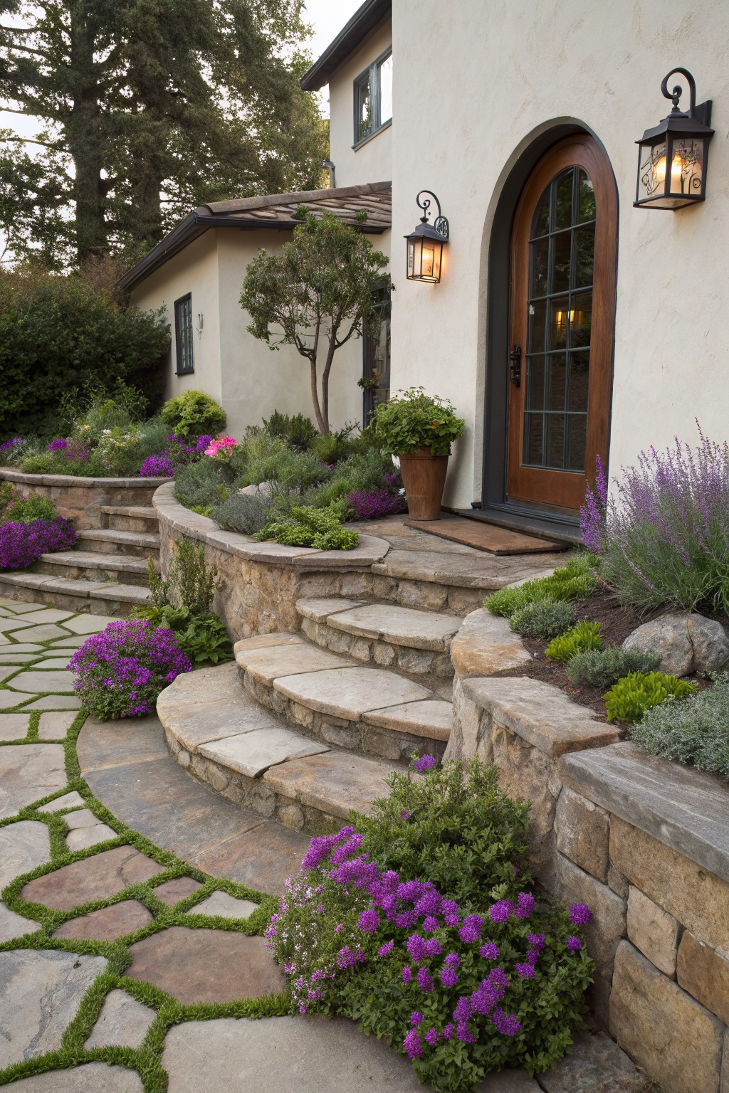 Curved stone steps with tiered stone retaining walls planted with purple flowers and lavender leading to an arched wooden door on a beige stucco house, surrounded by lanterns and greenery.