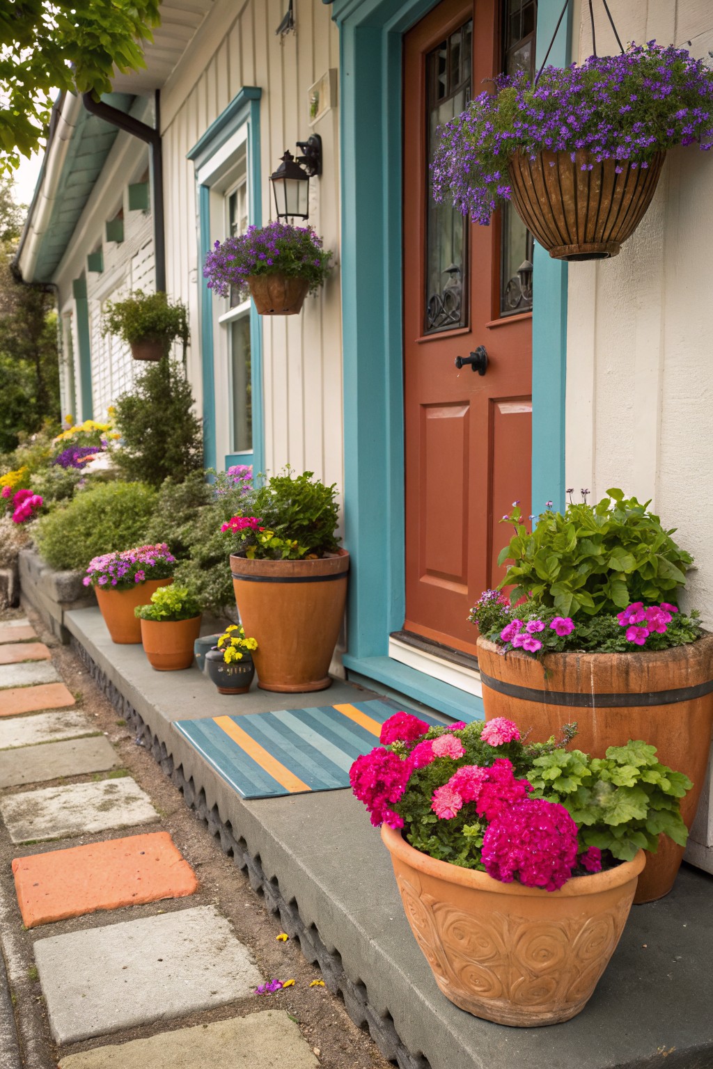 White clapboard house with turquoise trim around a red front door and windows, lined with numerous terracotta, ceramic, and wooden pots and hanging baskets filled with colorful flowers including pink geraniums, purple blooms, and yellow marigolds along the concrete steps.