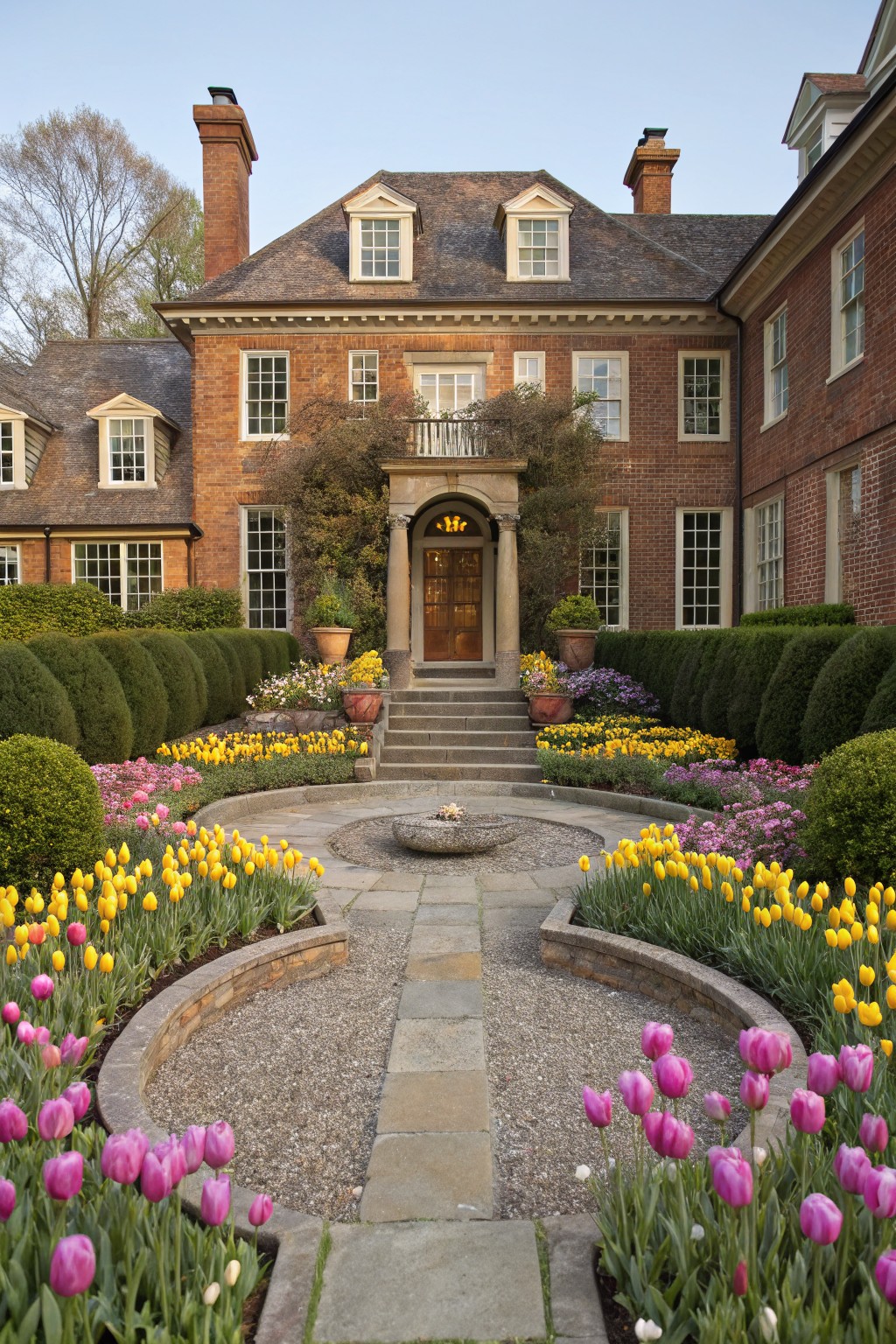 Brick house facade with symmetrical windows and a central arched entry door, approached by a curved stone pathway edged by gravel and flower beds of yellow and pink tulips amid boxed hedges.