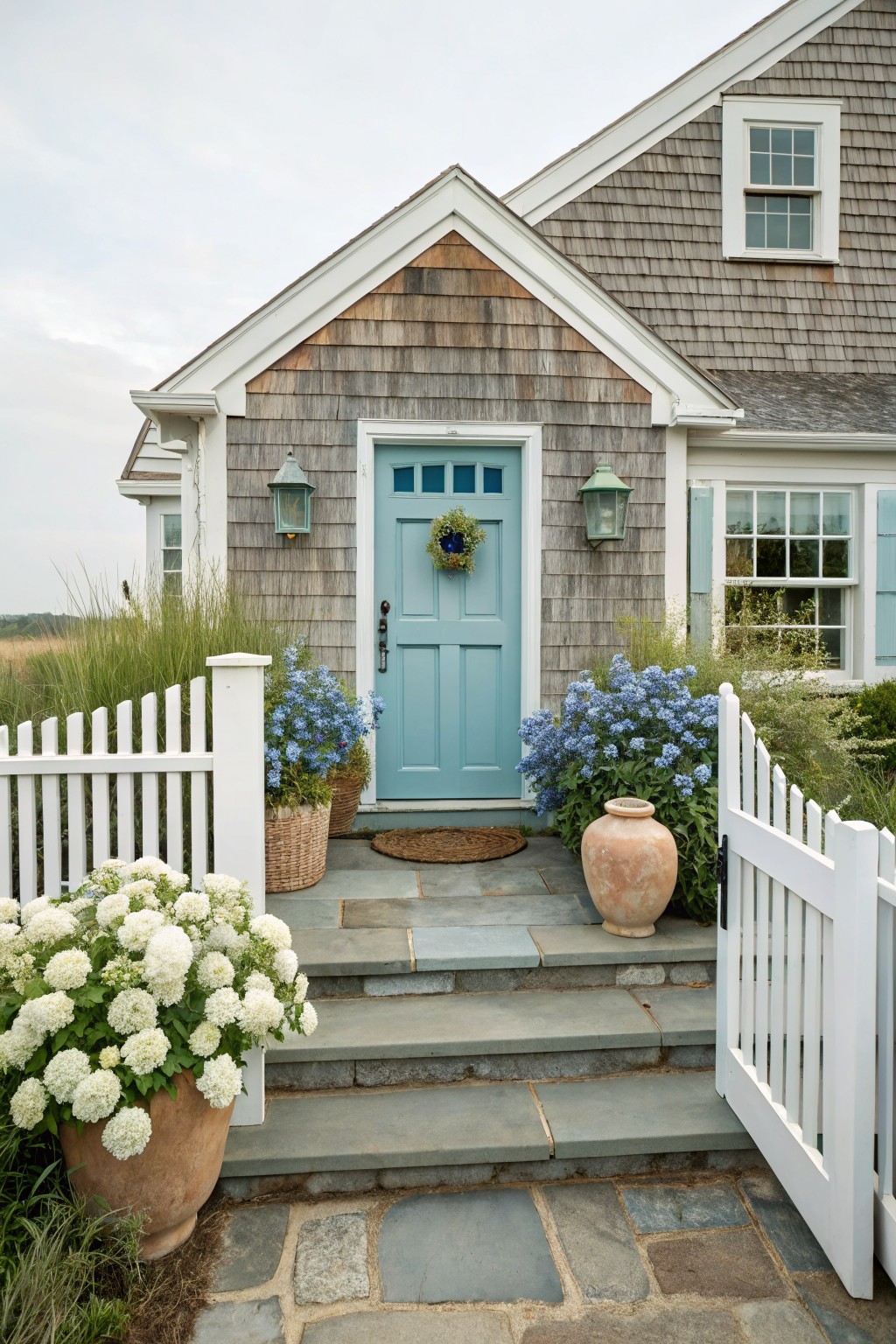 Shingled house front entry with turquoise blue door, brass lantern lights, wreath, white picket fence gate open, blue flowering shrubs, white hydrangeas in terracotta pots, bluestone steps.