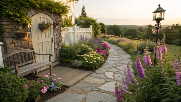 Winding flagstone path bordered by purple flowers, pink blooms, shrubs, and potted plants leads to a wooden arched door set in a stone wall, with ivy, trees, and a white picket fence in a garden setting.