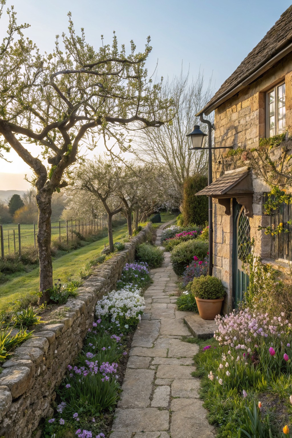 Stone pathway bordered by low stone wall and dense flower beds with pink, purple, and white blooms leading to the arched green door of a stone cottage house.