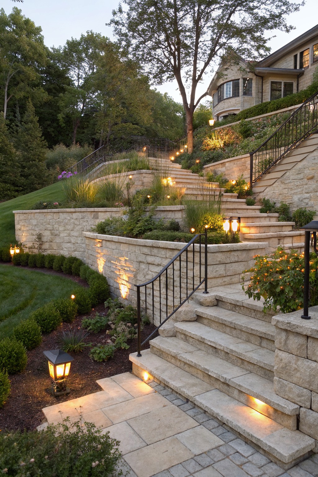 Terraced stone steps with black metal railings ascending a green hillside garden, featuring retaining walls planted with grasses, shrubs, and colorful flowers, illuminated by lanterns, bollard lights, and uplights at dusk, with a house in the background.