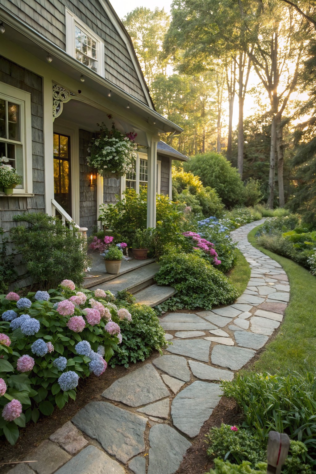 Gray shingle house with white-trimmed windows and a covered porch, fronted by a curving flagstone path edged with pink, blue, and purple hydrangea bushes amid other flowers and shrubs in a wooded yard at sunset.