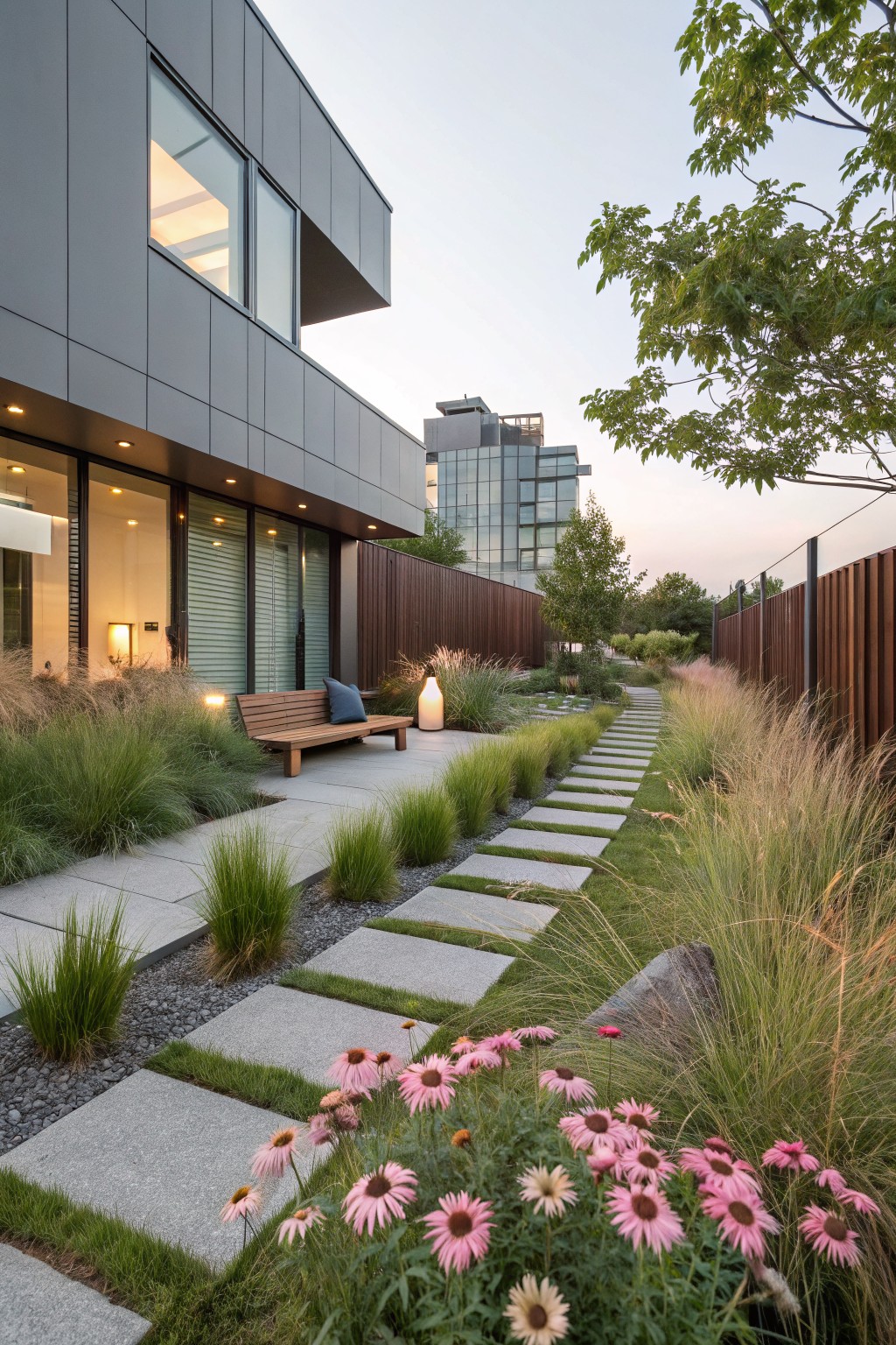 Modern gray house with large windows beside a backyard path of irregular gray concrete slabs winding through tall ornamental grasses, pink coneflowers, a wooden bench, and ground lighting.