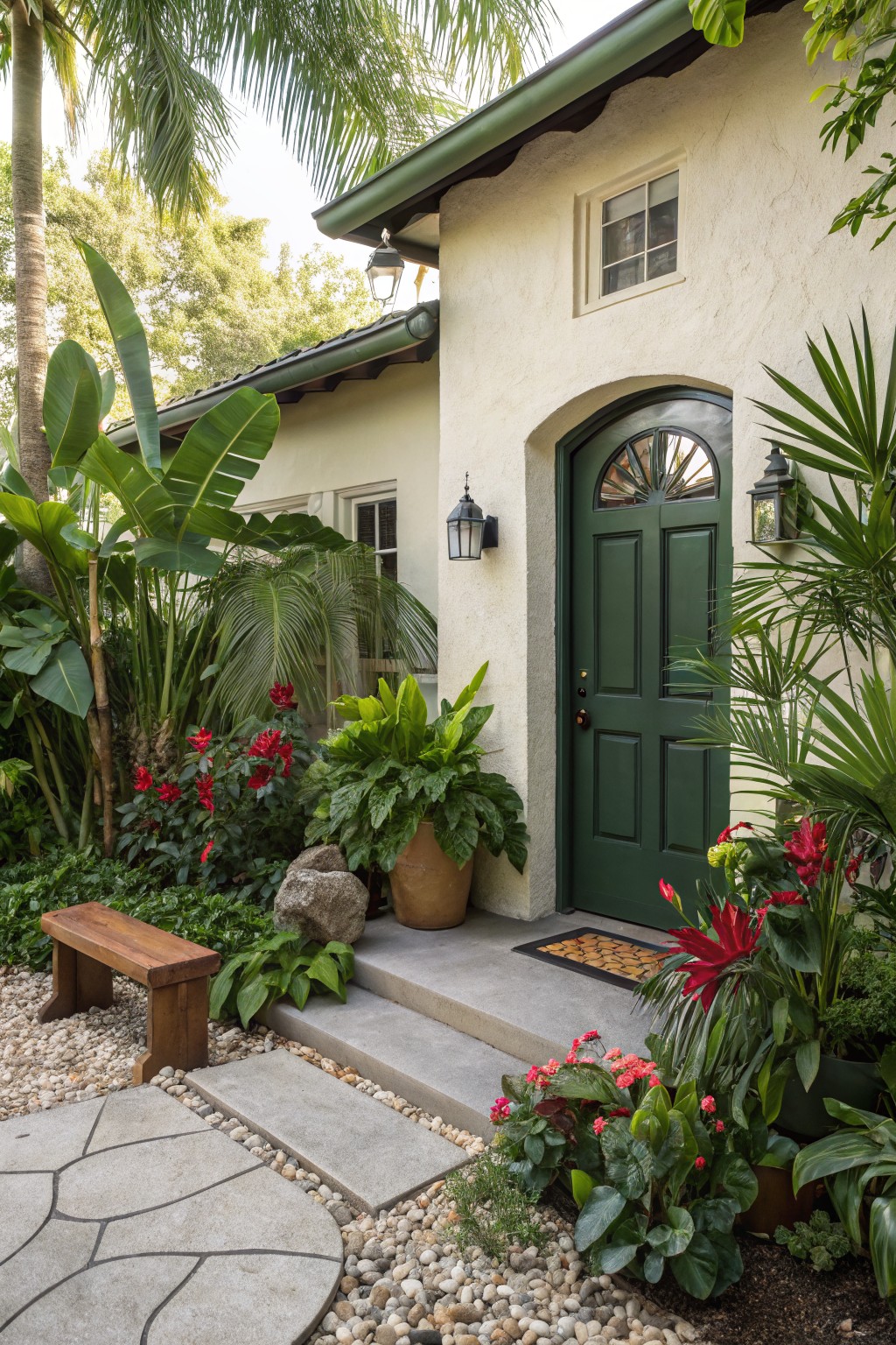 Cream stucco house facade with dark green paneled front door and arched window, surrounded by banana plants, palm fronds, red hibiscus flowers, potted greenery, a wooden bench, stone steps, and a pebble-bordered path.
