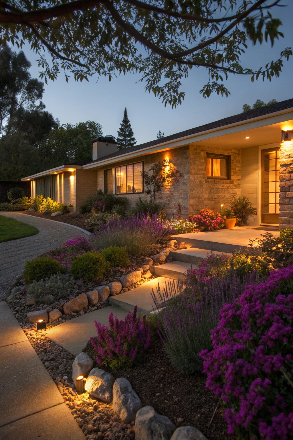 Evening photo of a low-slung house with stone and brick exterior, front steps and entry door framed by landscaped beds of purple lavender and flowers, rock edging, a curved concrete path with low-voltage lights, and surrounding trees and shrubs.