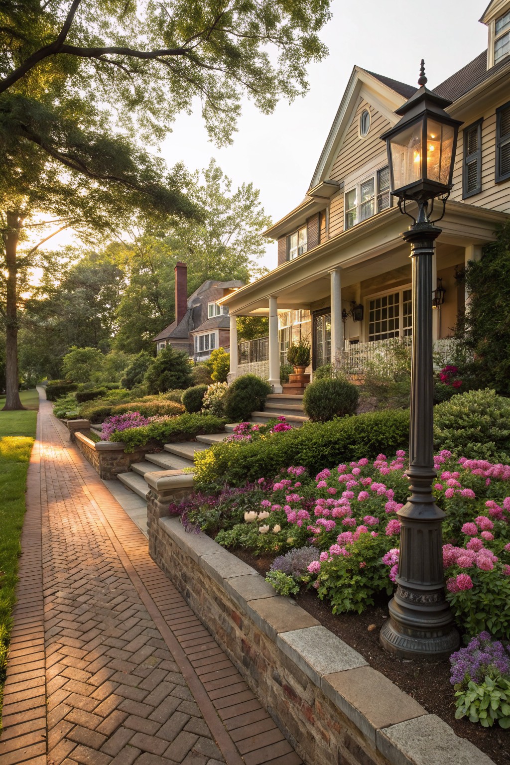 Brick pathway lined with stone retaining walls overflowing with pink flowers and shrubs leading to the steps of a beige house with a covered porch.
