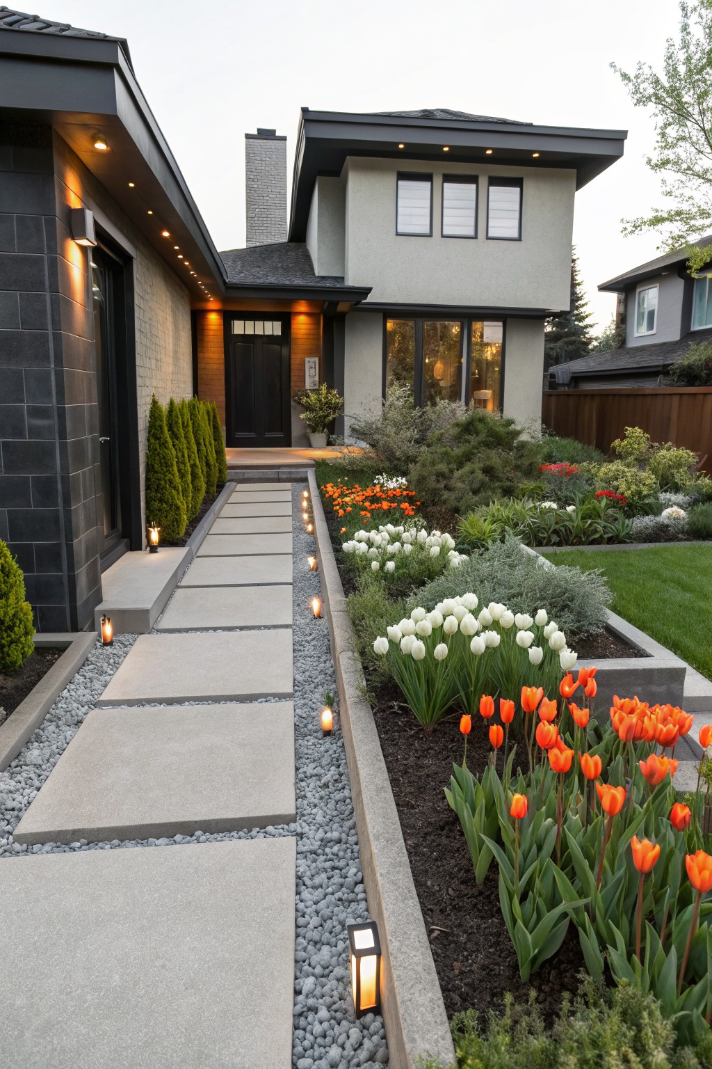 Stone paver pathway to a modern house entrance, bordered by raised rectangular beds of orange and white tulips, gravel edges, low lantern lights, shrubs, and lawn.