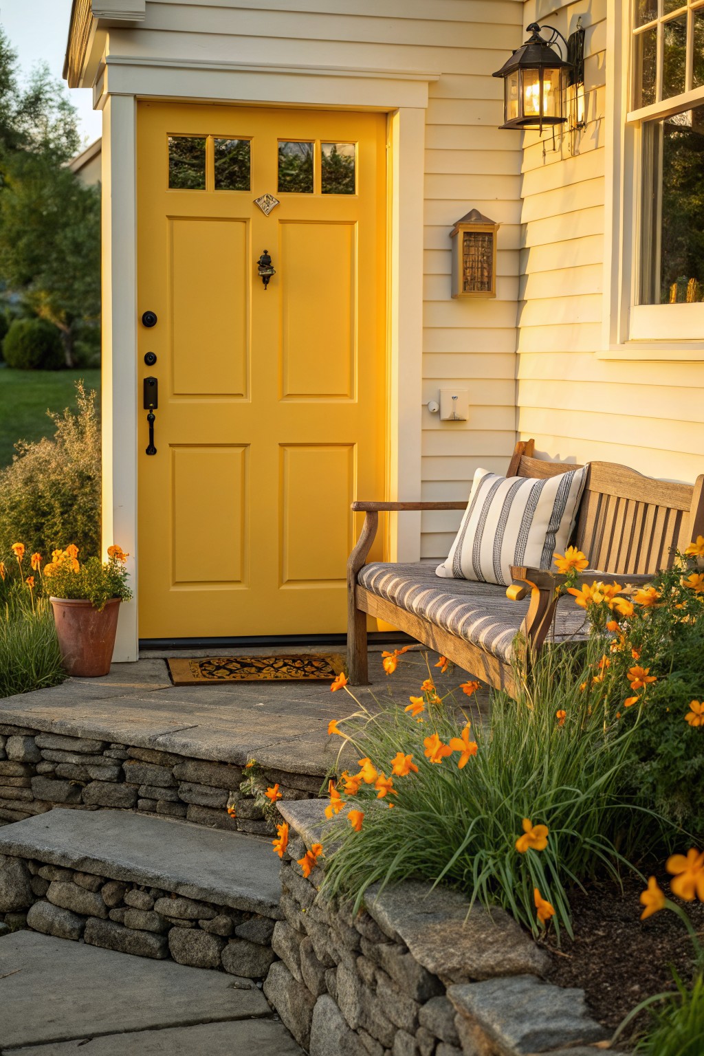A bright yellow front door on a white shingled house corner, flanked by orange flowers in beds along stone steps and retaining walls, with a wooden bench and lanterns nearby.