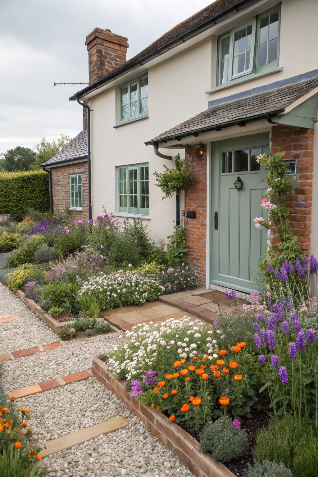 White cottage house with sage green front door and brick porch, flanked by raised brick garden beds overflowing with purple, pink, orange, and white flowers along a gravel and stone path.