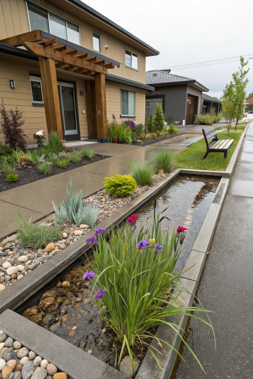 Front yard landscaping with a linear concrete water channel filled with pebbles and shallow water, edged by purple flowers, grasses, succulents, and rocks along a sidewalk next to a beige house on a cloudy day.