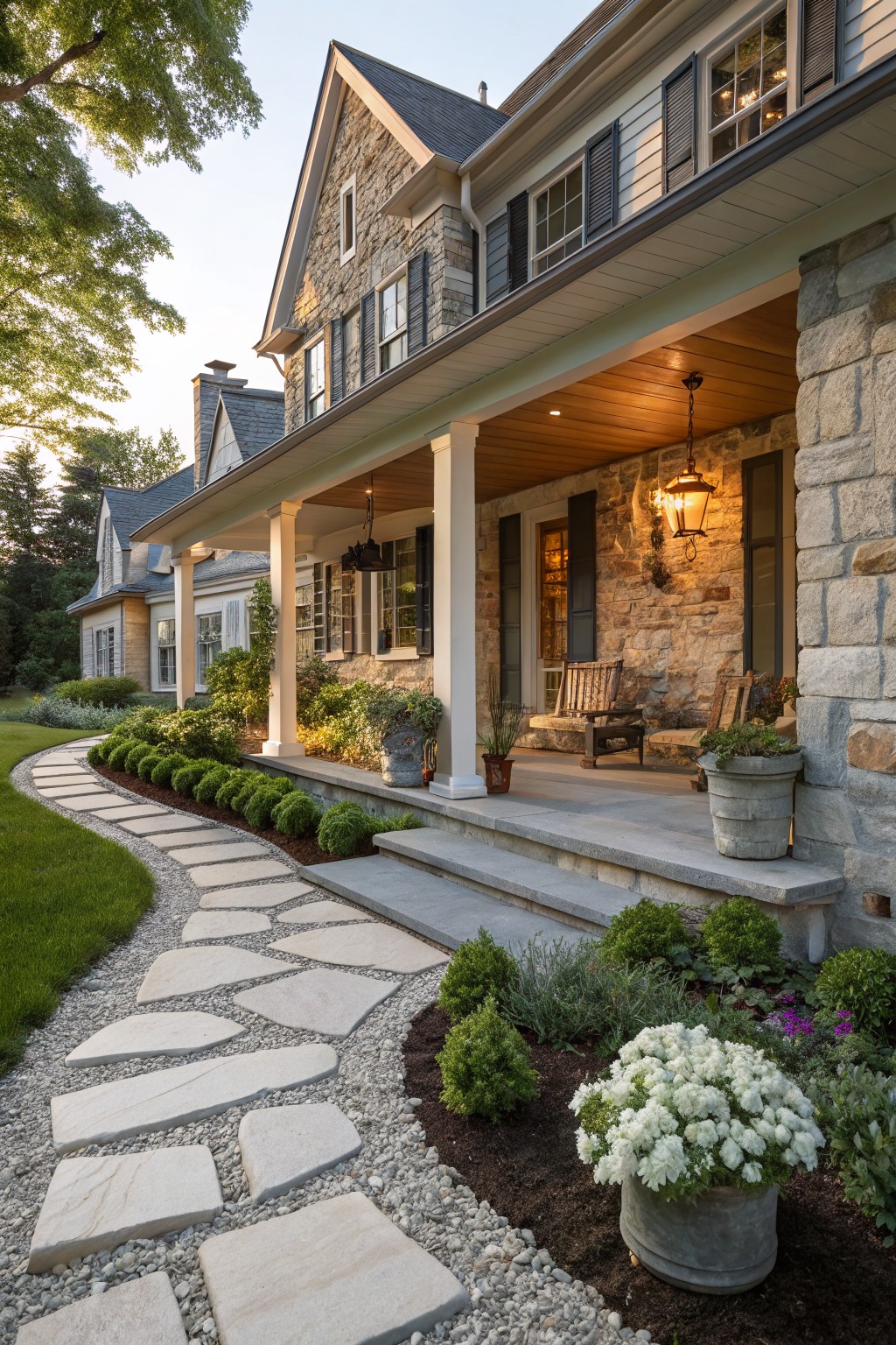 Stone house exterior with covered porch, curving flagstone path through gravel beds lined with boxwood shrubs and flowering plants, potted plants on porch steps and landing.
