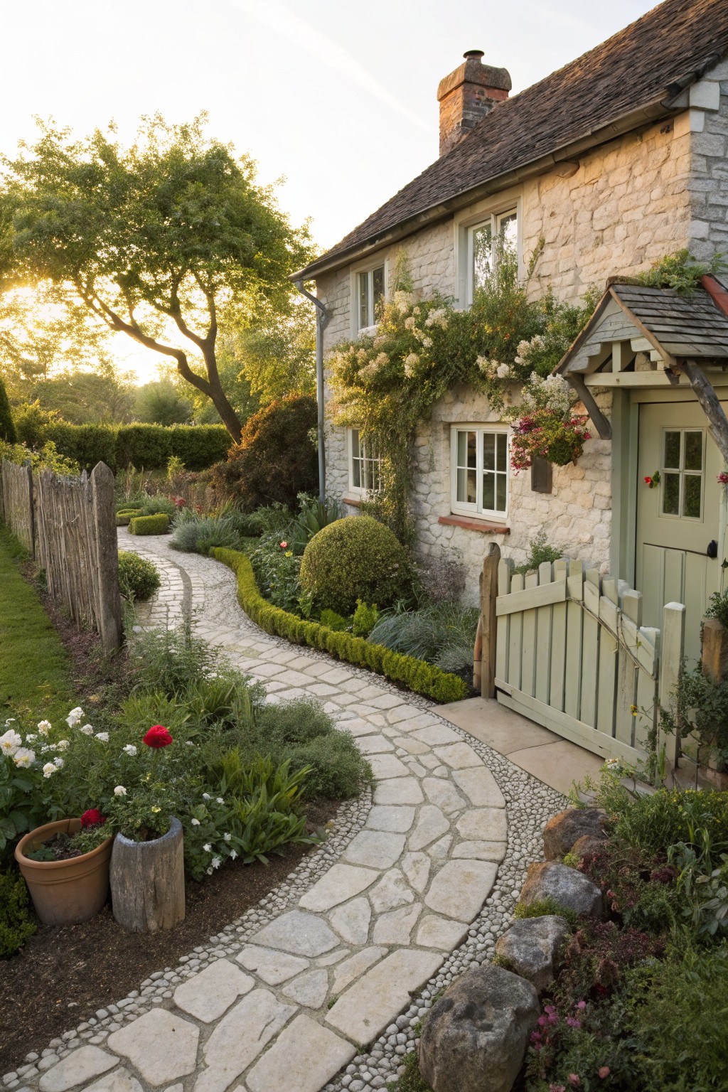 Stone cottage exterior with a winding flagstone path edged in gravel and rocks through a front garden of flowers, shrubs, and low hedges leading to a green gate and door.