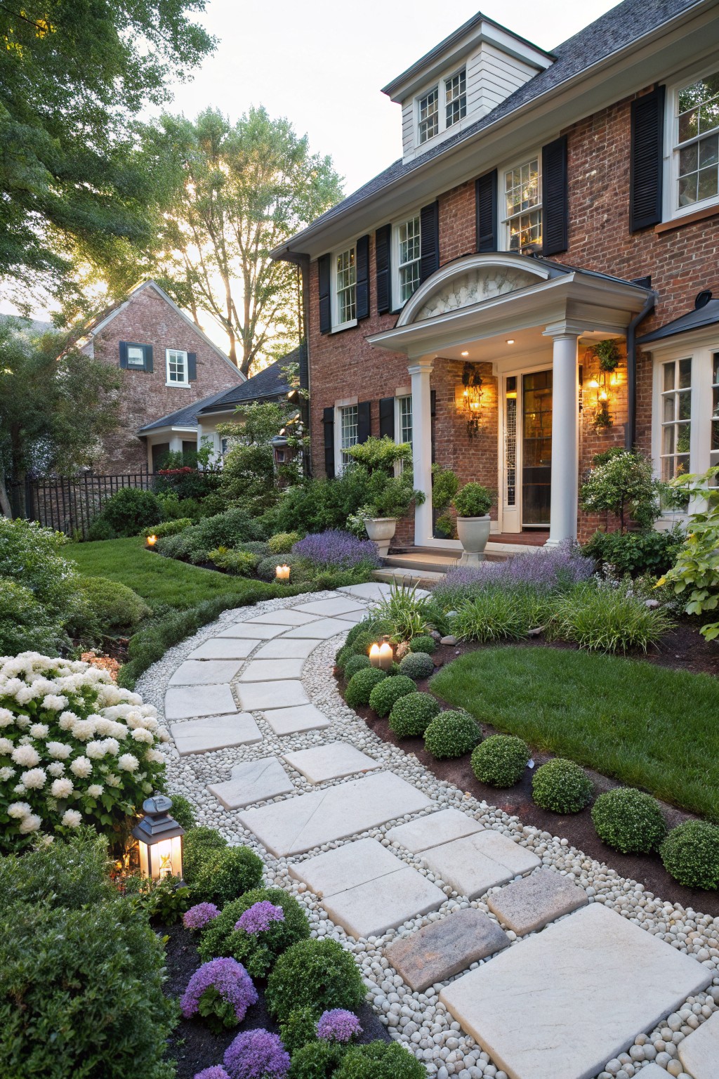 Curved flagstone pathway in a front yard bordered by white pebbles and gravel, with shrubs, flowers, and lanterns leading to a brick house entrance.