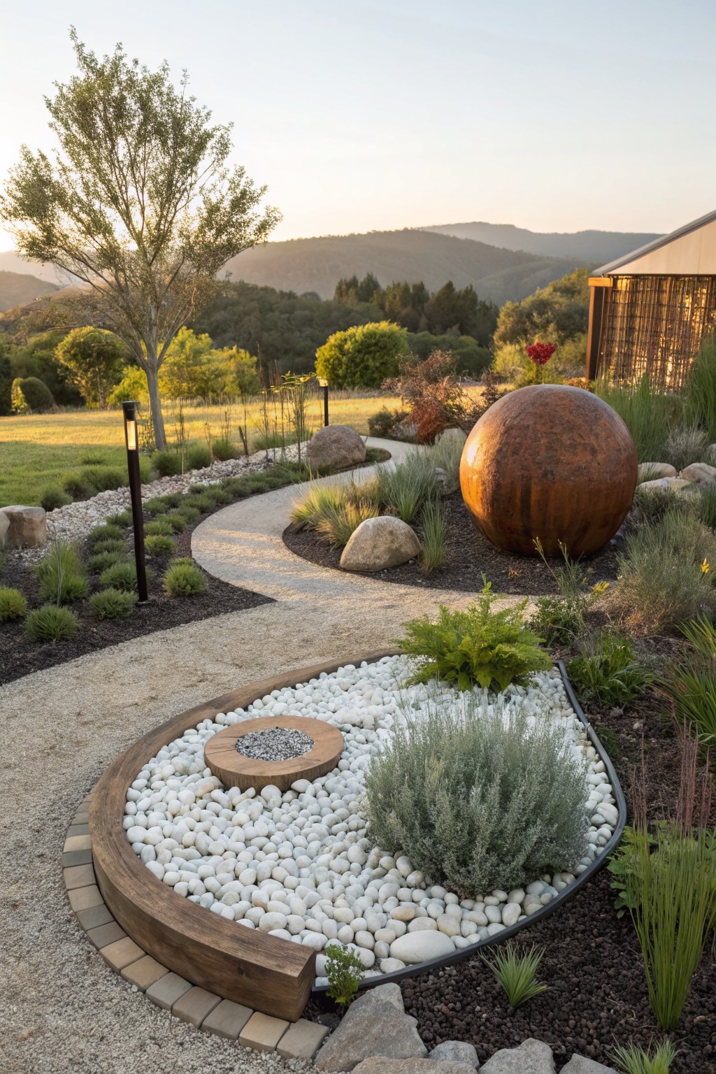 Winding gravel path in a landscaped yard leading to a curved fire pit enclosure filled with white pebbles and edged in wood, beside a large rusted metal sphere, with grasses, shrubs, boulders, and background hills at sunset.