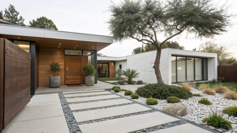 Modern single-story house with wooden garage doors and entry, white stucco walls, a pathway of large rectangular light concrete pavers set in white pebble gravel, flanked by grasses, shrubs, and a boulder near an olive tree.