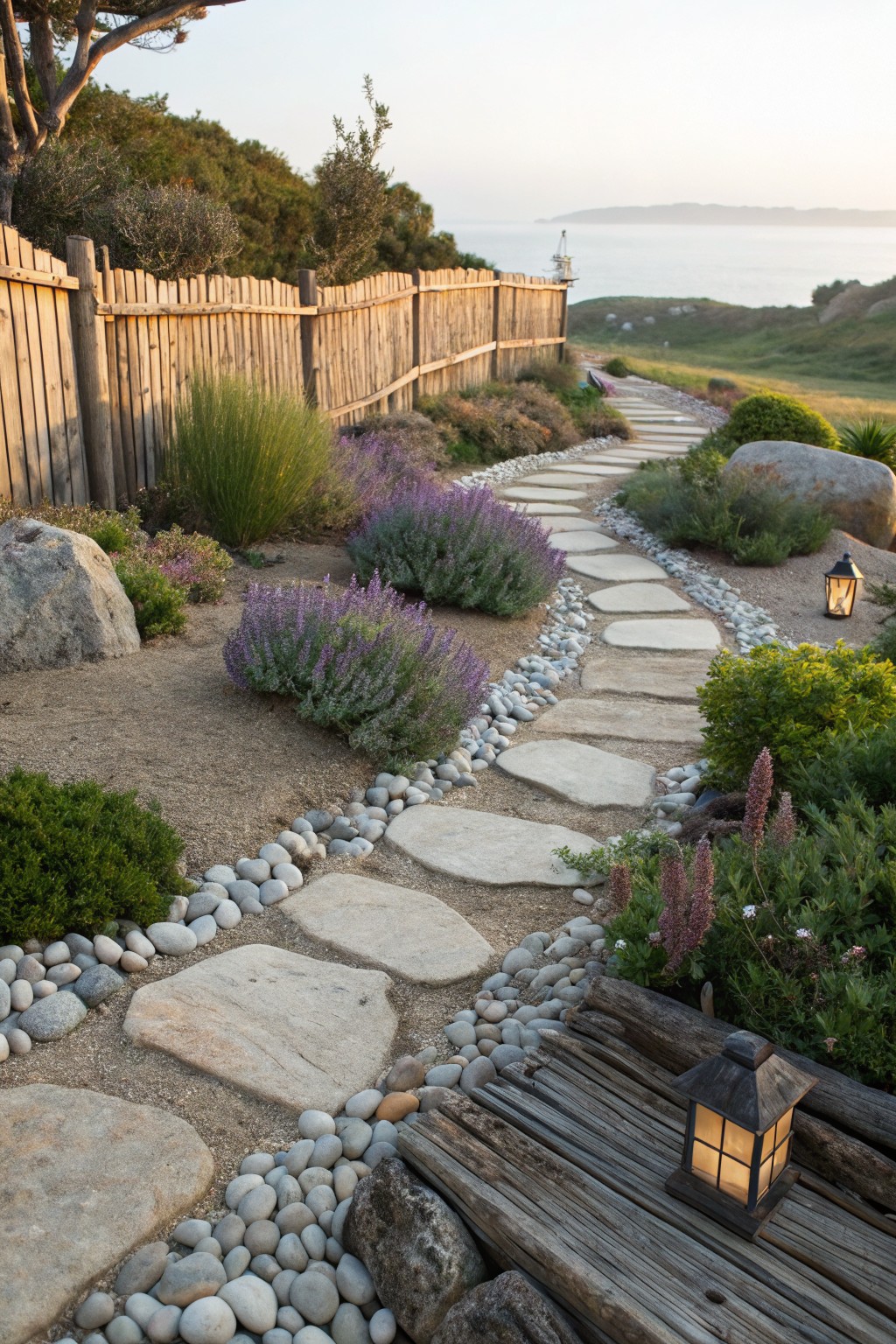 Winding garden path of large irregular stepping stones edged with white pebbles and small rocks, surrounded by low shrubs, lavender plants, boulders, wooden fence, and lanterns, overlooking grassy hills and ocean at dusk.