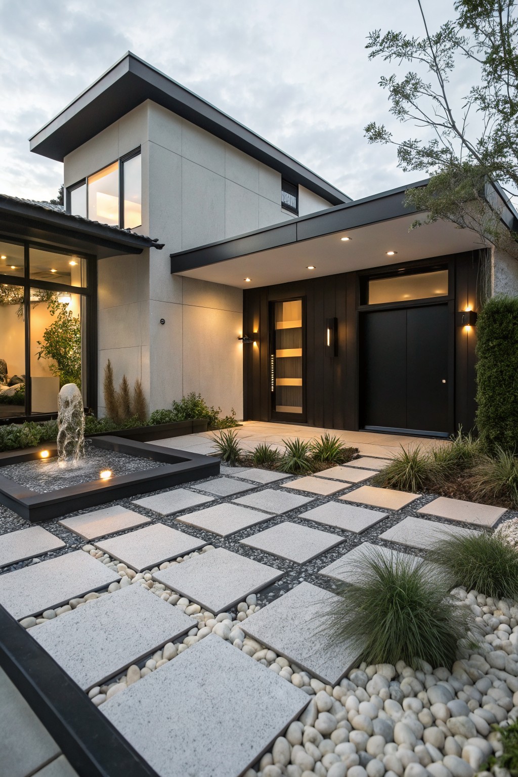 Modern house facade with black front door, entry lights, square fountain, large rectangular pavers with white pebble-filled joints forming a pathway, low grasses, and pebble mulch in the front yard.