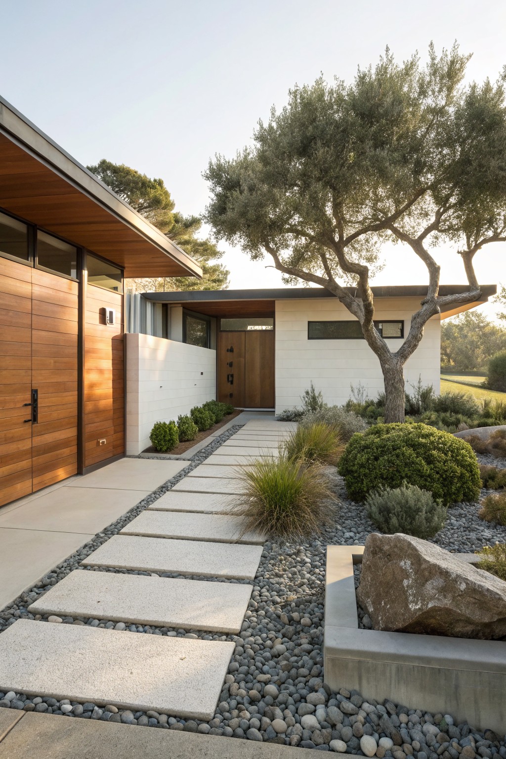 Modern single-story house with wooden garage doors and entry, white stucco walls, a pathway of large rectangular light concrete pavers set in white pebble gravel, flanked by grasses, shrubs, and a boulder near an olive tree.
