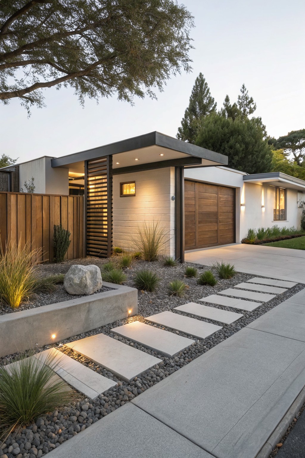 Contemporary house facade with white stucco walls, wooden garage door, vertical slats, and front yard landscaping including large rectangular concrete pavers in a white gravel bed flanked by ornamental grasses, a boulder, and low-voltage lighting.