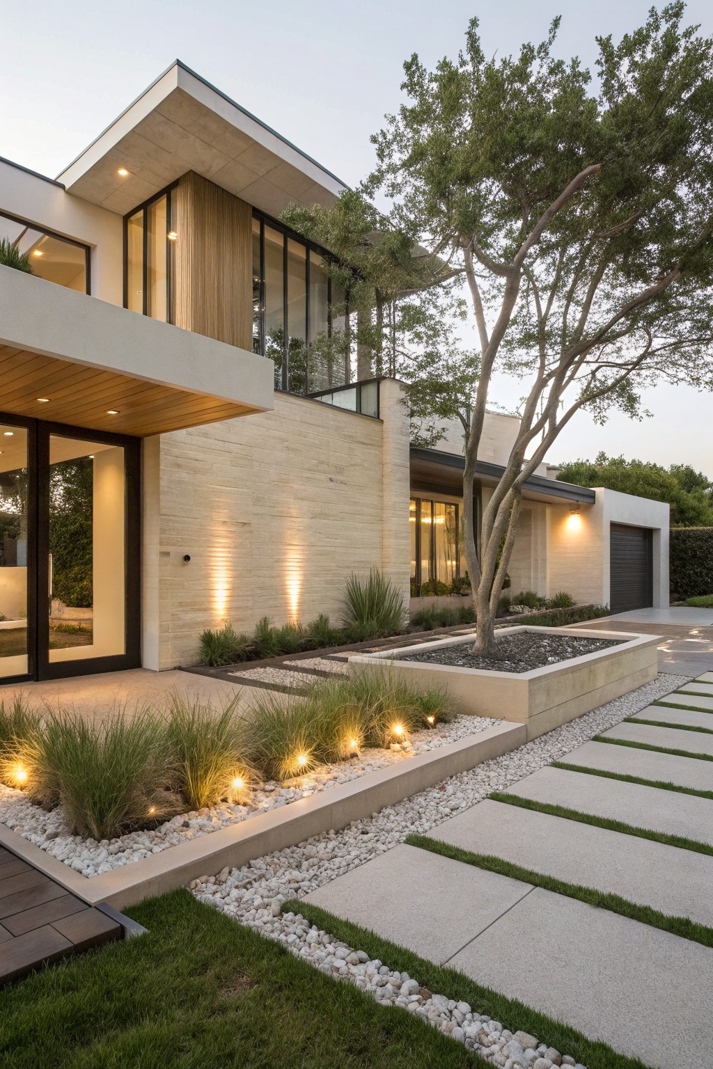 Modern beige stone house facade with wooden and glass entry, surrounded by landscaping including tall ornamental grasses, a tree in a rock planter, white pebble ground cover and borders, and a pathway of rectangular concrete slabs separated by white pebbles and grass strips.