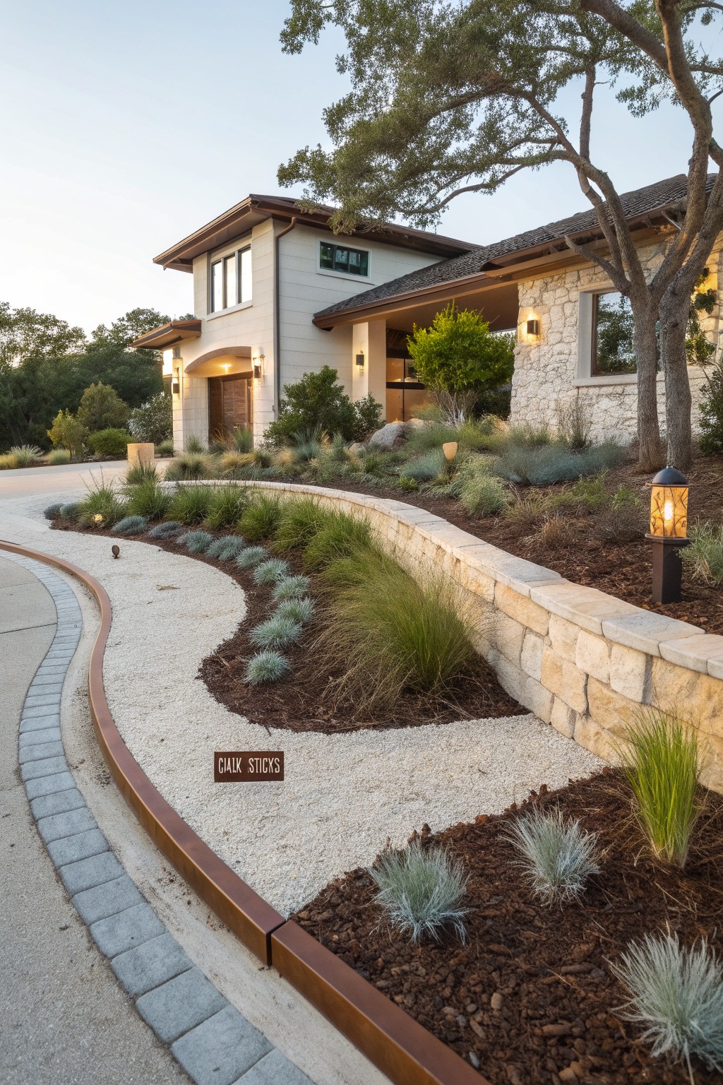 Modern house with beige stucco and stone exterior beside a curved driveway path of white gravel edged in rusted metal, surrounded by ornamental grasses and shrubs against a limestone retaining wall.