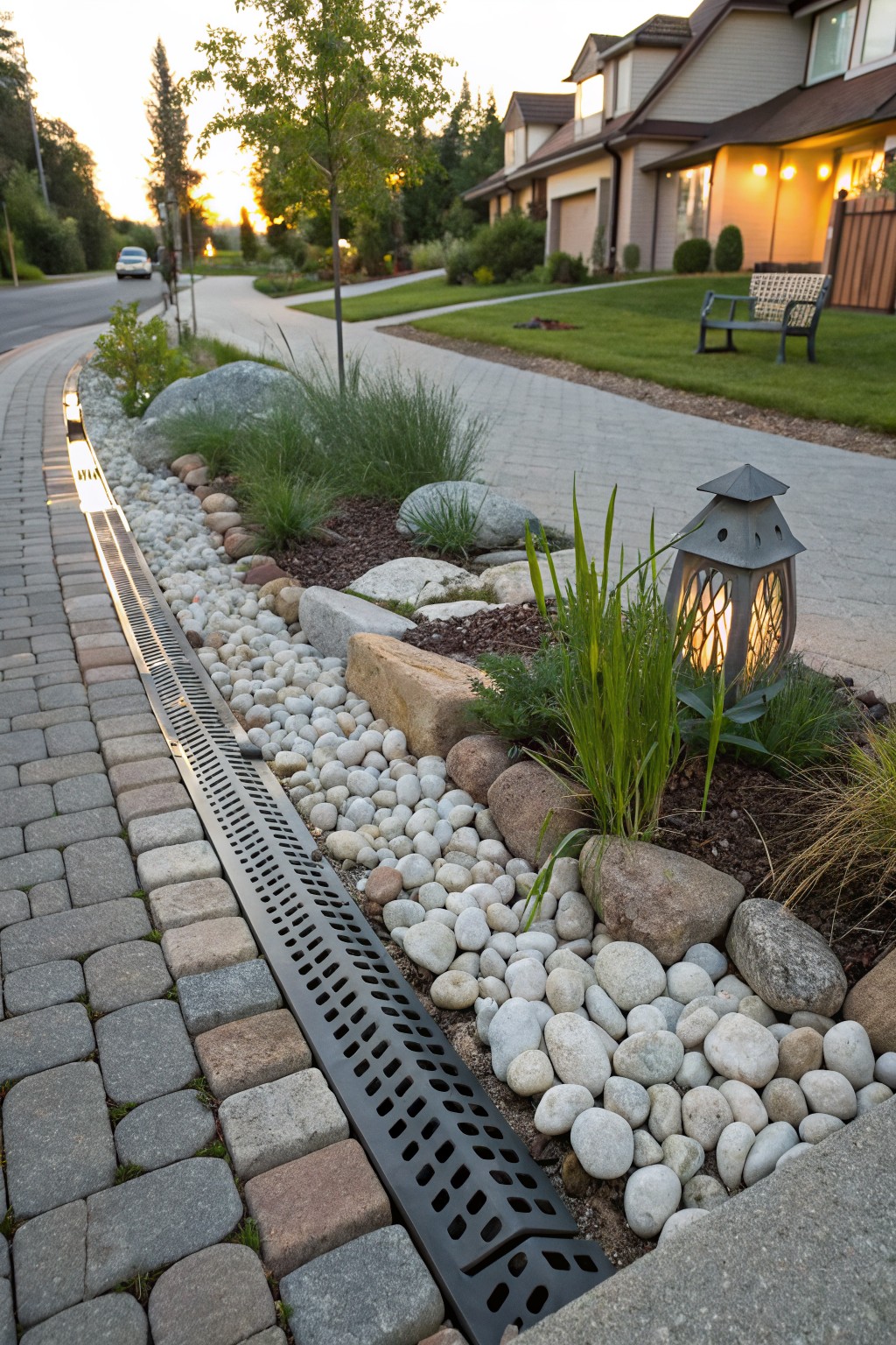 Front yard with paver driveway edged by white pebbles, larger rocks, ornamental grasses, boulders, and a metal drainage trench beside houses and a lit lantern at sunset.