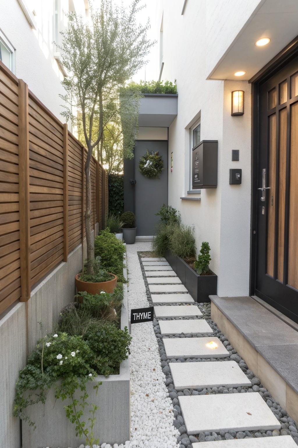 Narrow outdoor pathway of irregularly spaced large white concrete pavers set into white pebble ground cover, flanked by wooden slat fences, concrete planters with greenery and a terracotta pot containing a small tree, leading to a dark wood front door on a white building with a green wreath.