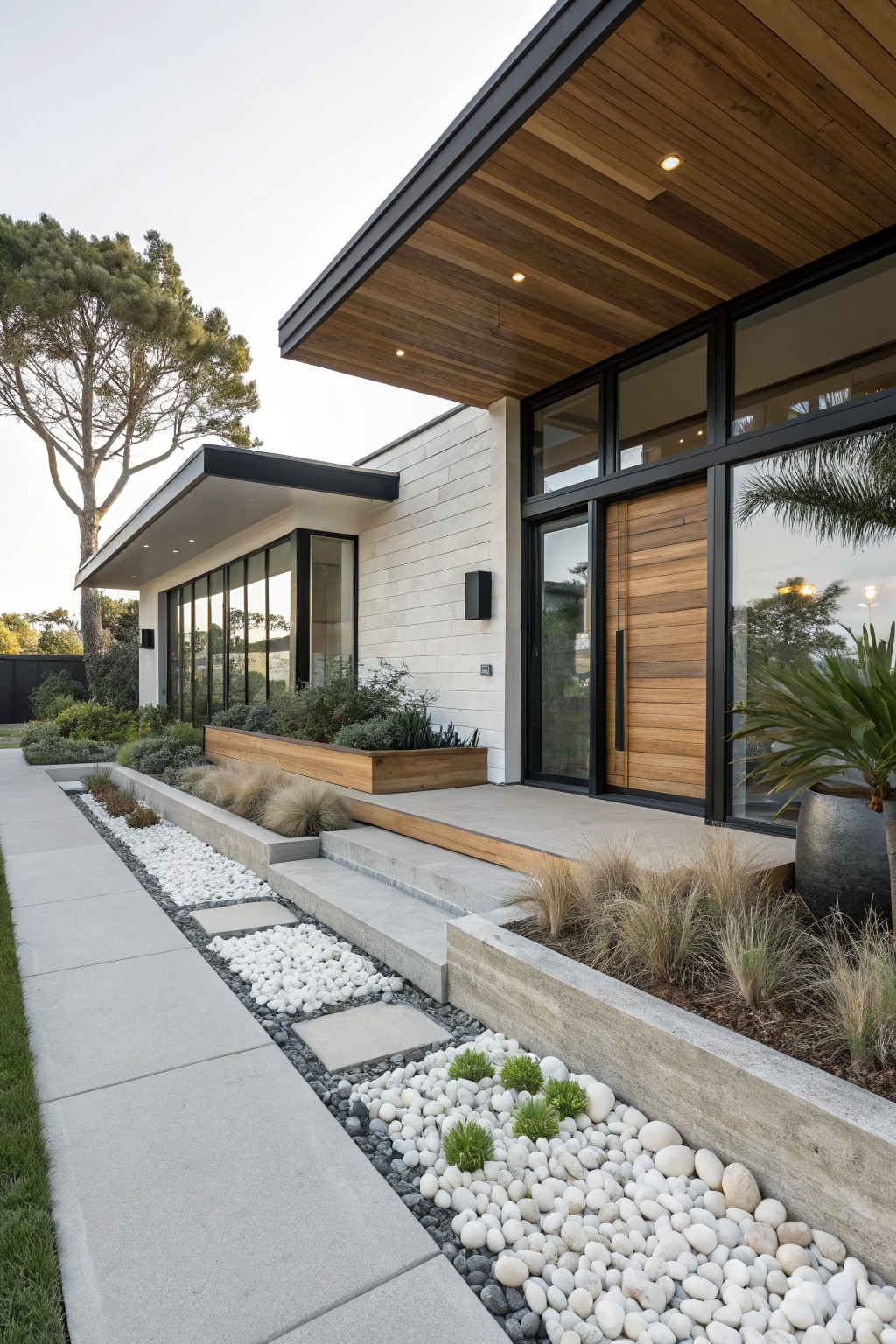 Contemporary house exterior with light stone walls, wooden sliding door, overhanging wooden canopy, and concrete pathway edged by white rocks, grasses, and plants leading to entry steps.