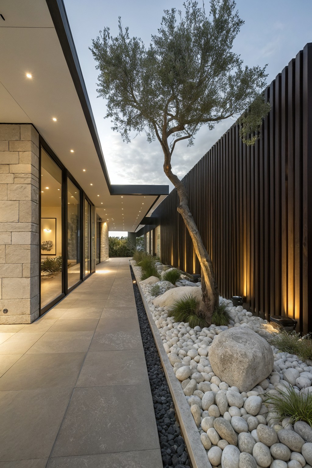 Modern house with stone walls and glass doors along a covered walkway next to a landscaped strip of white pebbles, grasses, boulders, an olive tree, and backlit wooden fencing.