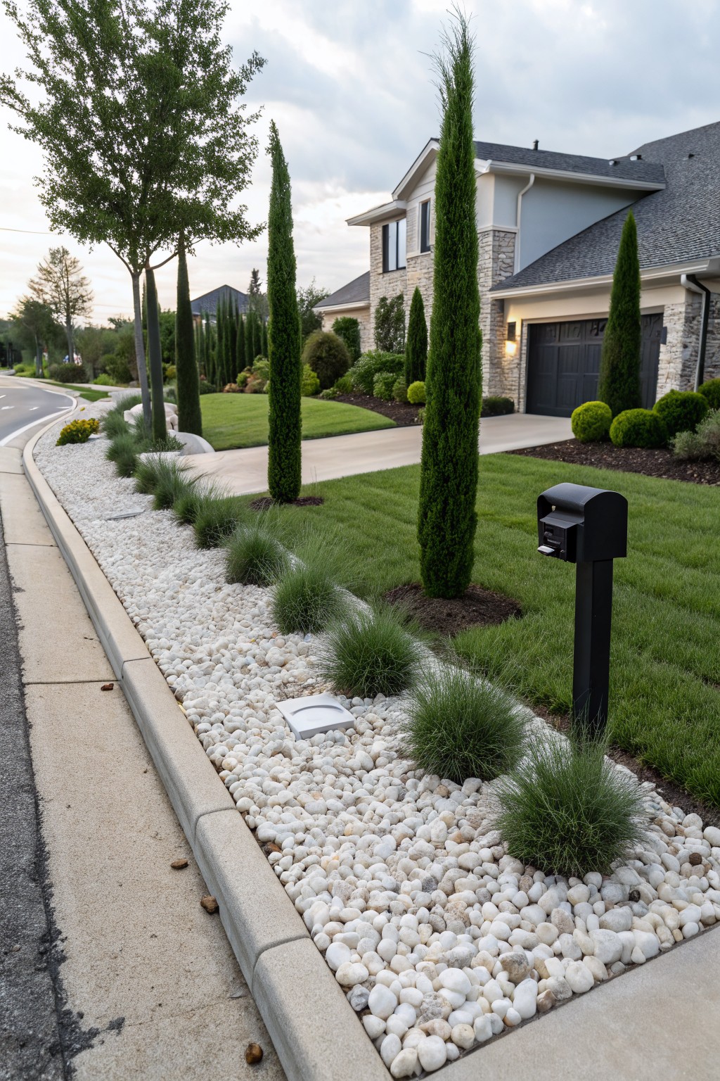 Front yard of a two-story stone and siding home with white pebble beds and ornamental grasses lining the curb edge, tall cypress trees, clipped shrubs, a black mailbox post, and manicured lawn beside a driveway.