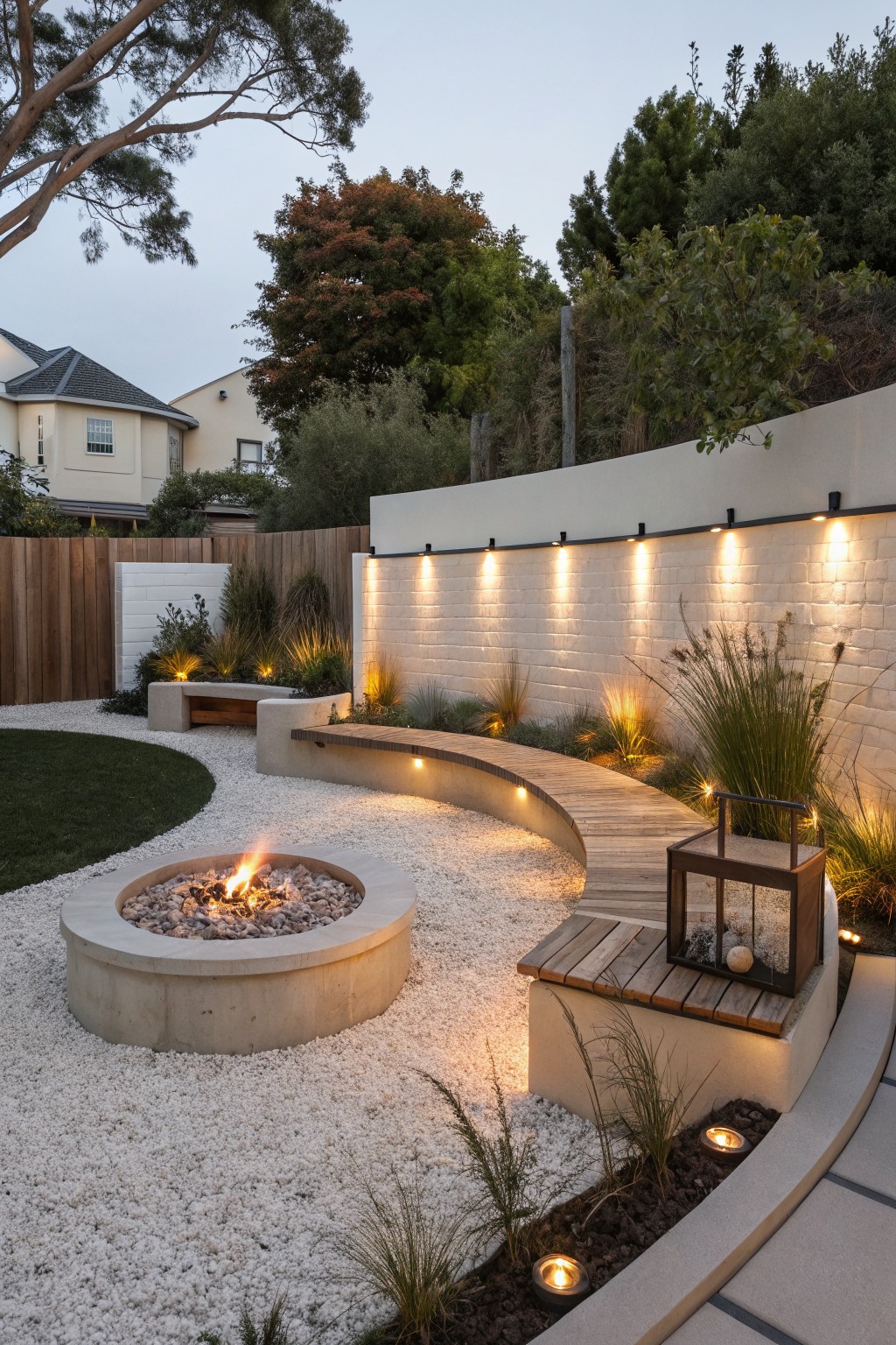Curved concrete bench seats around a lit fire pit on white gravel ground cover, surrounded by ornamental grasses and ground lights, with a white brick wall featuring uplights and wooden fences in a backyard at dusk.