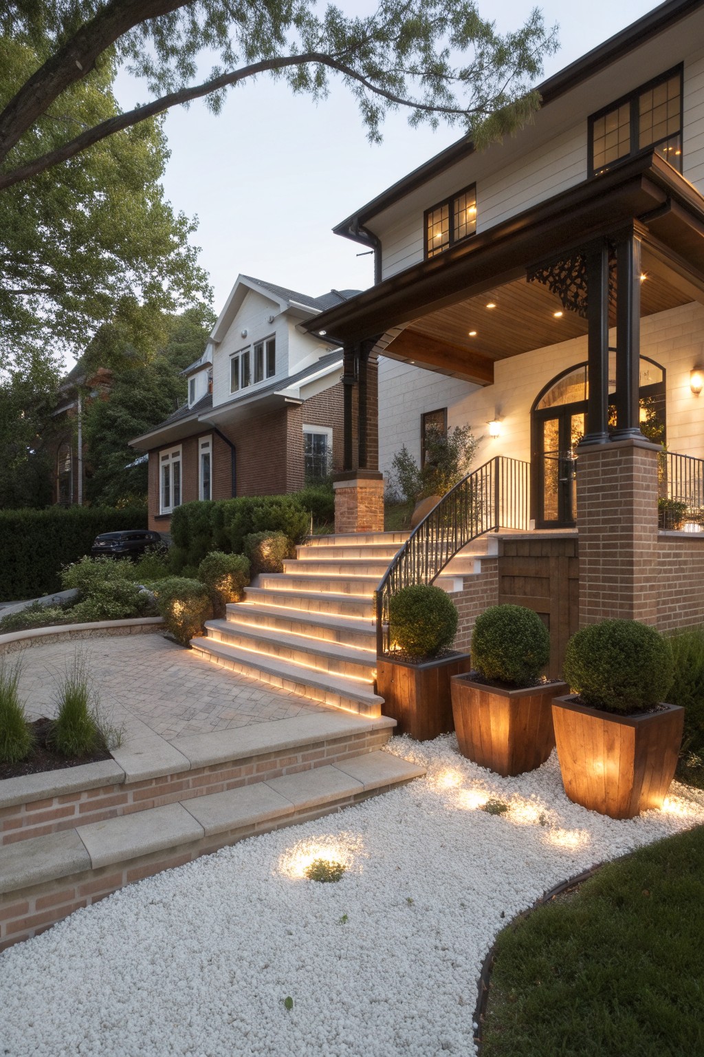 Front yard of a two-story house at dusk with lit stone steps up to a covered entry porch, curved white pebble beds, potted round shrubs in wooden planters, and gravel path edged by grass.