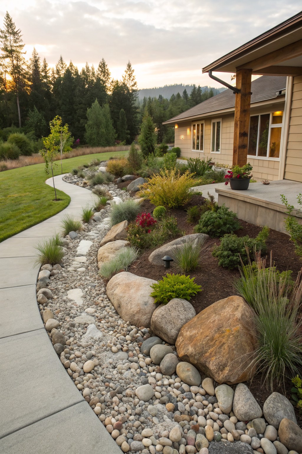 Curved concrete walkway next to a dry riverbed of light pebbles, larger boulders, grasses, and shrubs in a front yard beside a beige house with evergreen trees and lawn in the background.