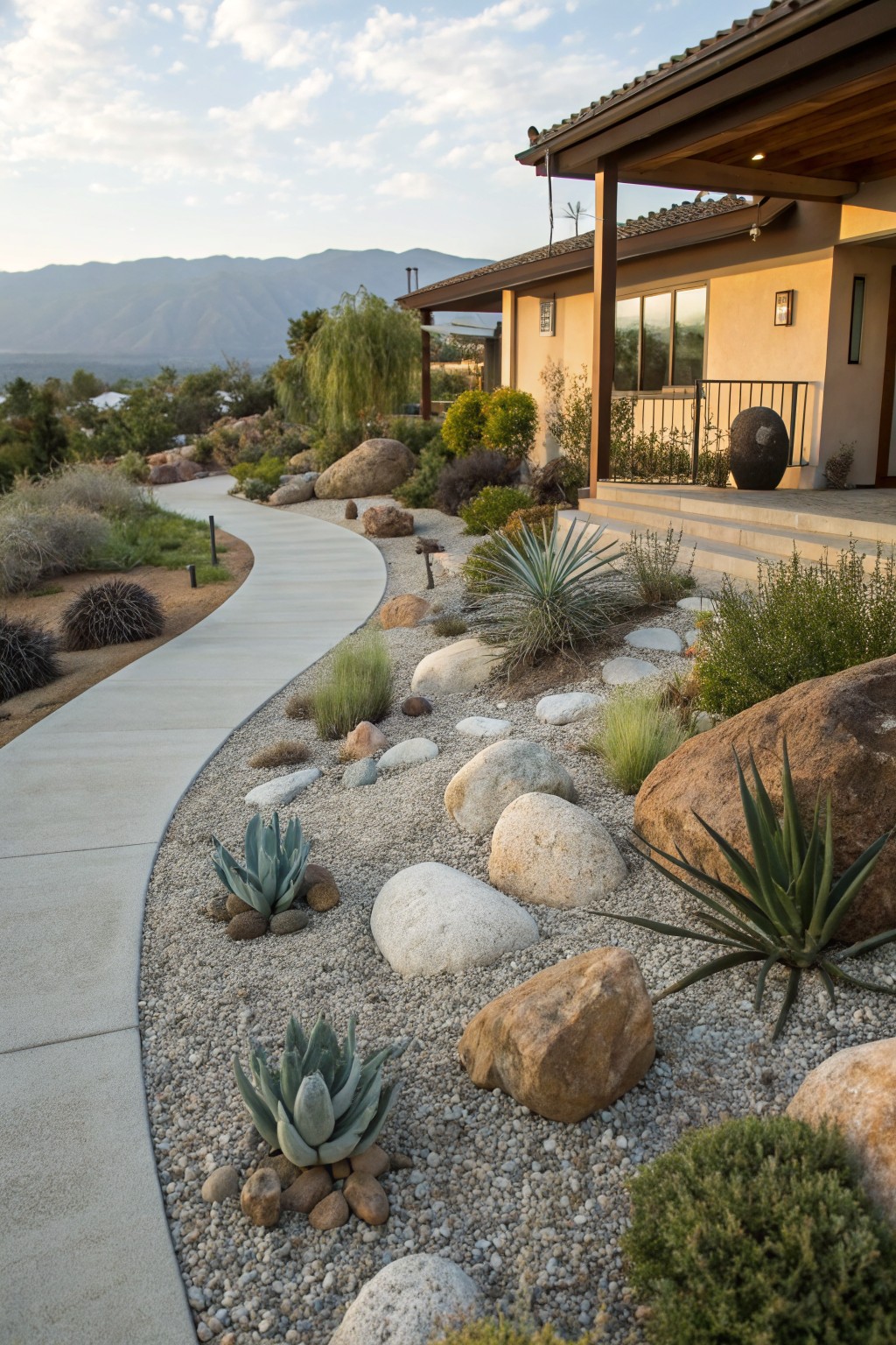 Winding concrete path edged with white gravel, small white rocks, large boulders, and succulents including agave plants, leading to a beige stucco house with mountains in the background.