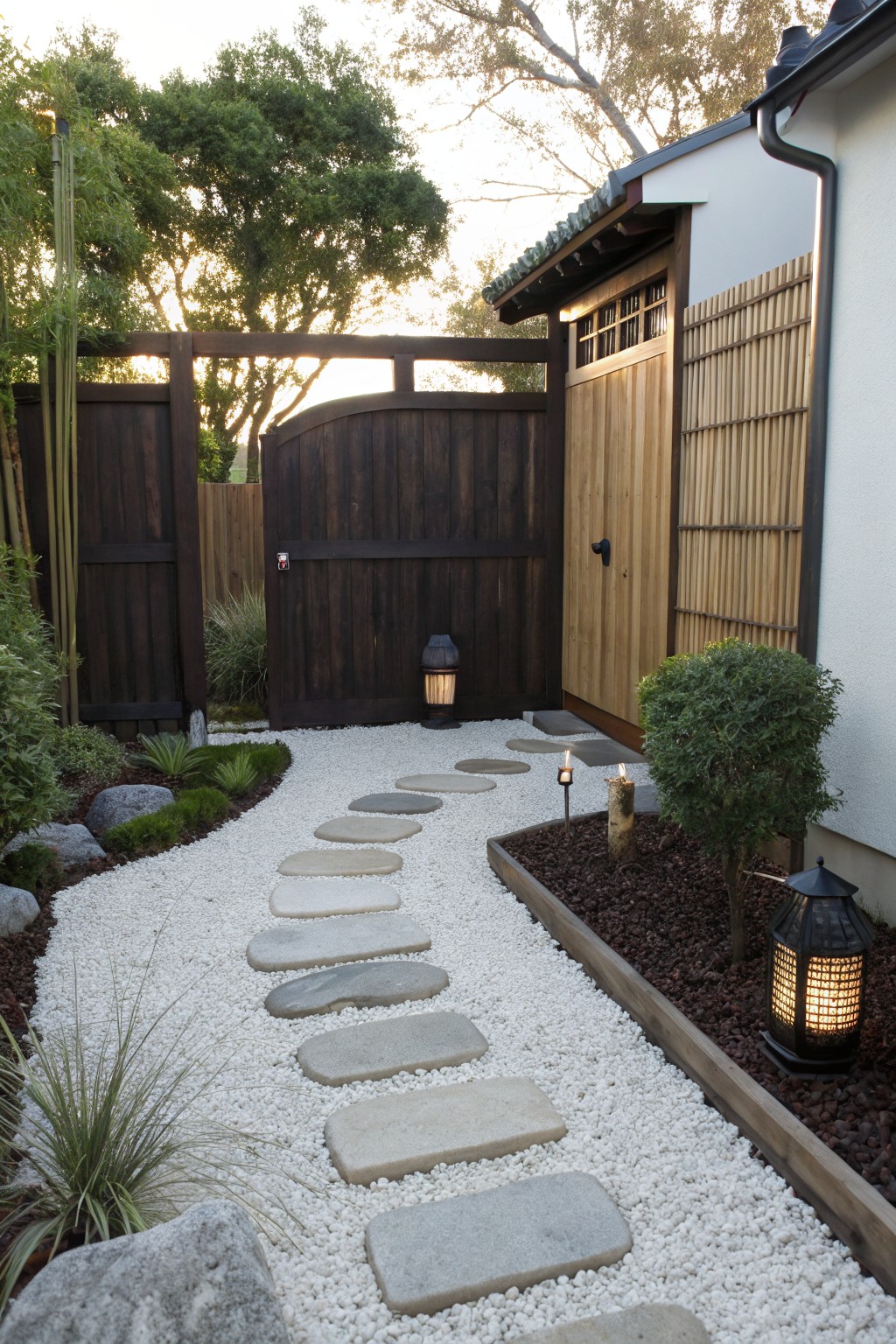 Garden path of irregular gray stepping stones set into white pebble ground cover, bordered by plants, rocks, mulch beds, and lanterns, leading to a wooden gate next to a white house wall with bamboo fencing.