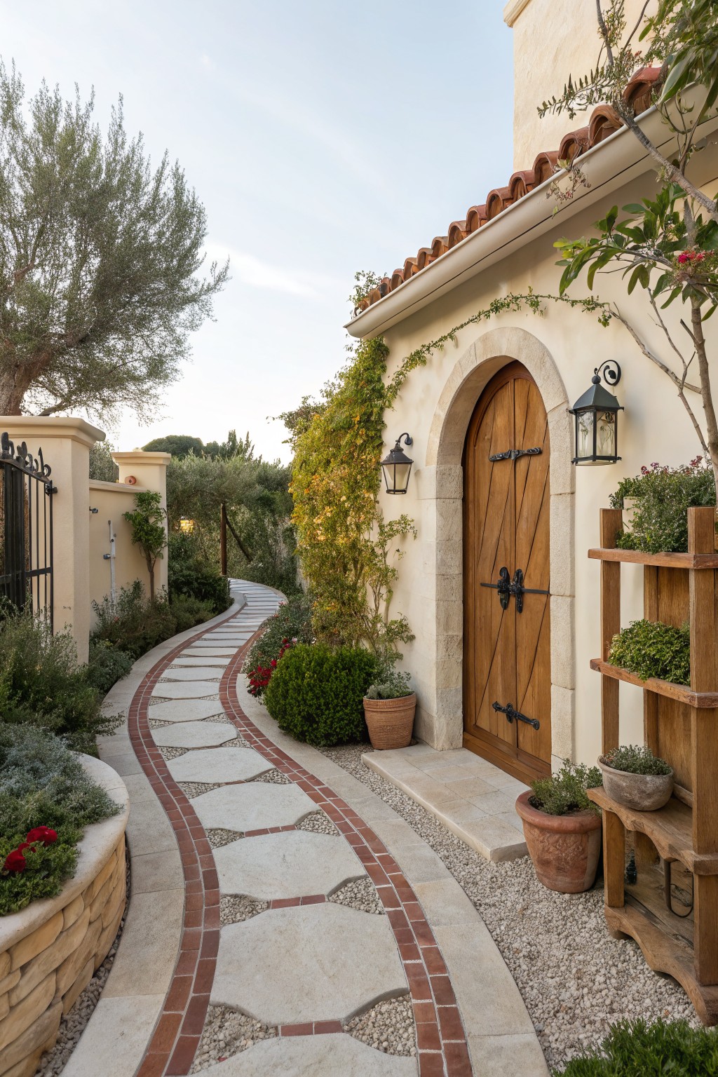 Curved pathway of large stone slabs with red brick borders and white gravel fill winds through planted beds to an arched wooden door on a beige stucco house wall flanked by lanterns and potted plants.