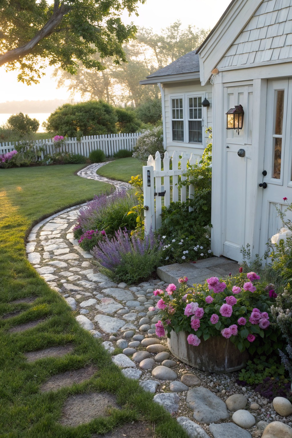 Winding irregular stone path edged with white rocks and bordered by purple lavender, pink roses in a wooden barrel, and other plants leads through grassy yard to white shingled shed with white picket fence nearby.