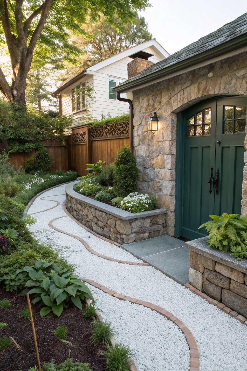 Curved pathway of white gravel edged with brick and stone walls winds through garden beds with green plants and flowers toward a dark green arched garage door on a stone building, with a wooden fence, trees, and white house in the background.