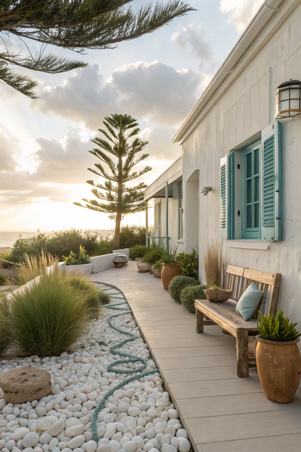 White pebble path curves alongside a white stucco house exterior with blue shutters, flanked by grasses, potted plants, a wooden bench, and Norfolk Island pines overlooking the ocean at sunset.