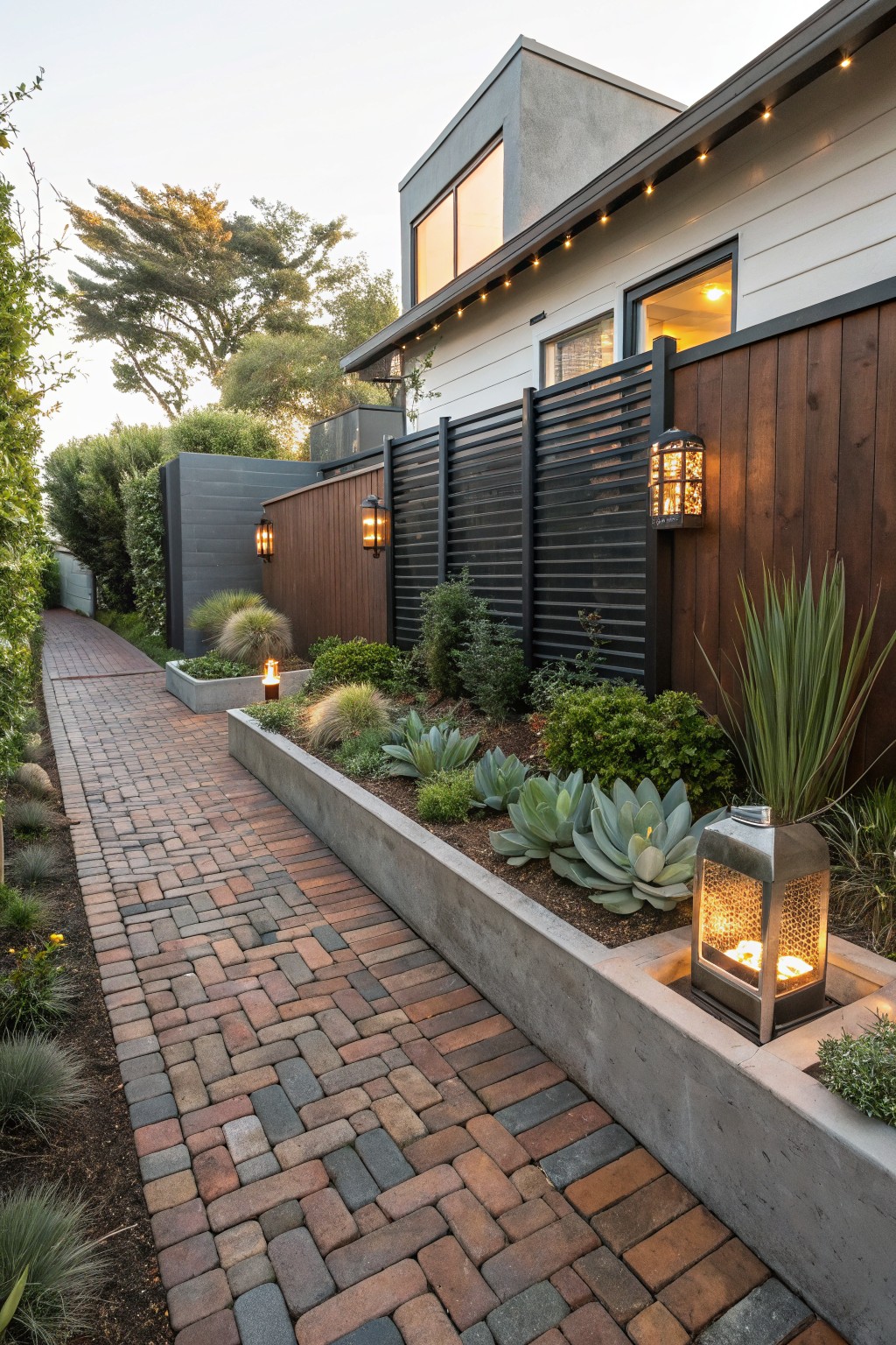 Multicolored brick paver pathway winding through a landscaped yard beside raised concrete planters filled with agave succulents and ornamental grasses, with wood slat fencing, lanterns, and a modern house in the background.