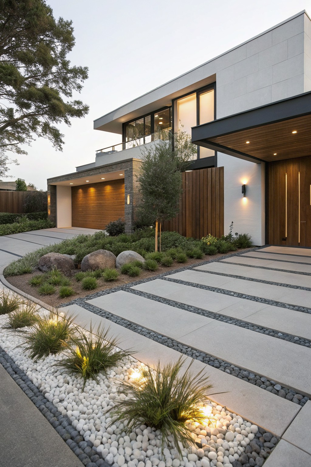 Modern white stucco house exterior at dusk with open garage door, front entry, curved driveway of gray concrete pavers bordered by dark pebbles and white gravel with ornamental grasses and boulders.