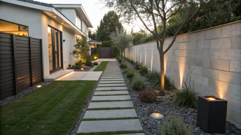 Modern house exterior with a linear pathway of large gray concrete pavers set in gravel beside a grass strip, low plants, an olive tree, block walls, and ground-mounted lights leading to sliding glass doors.