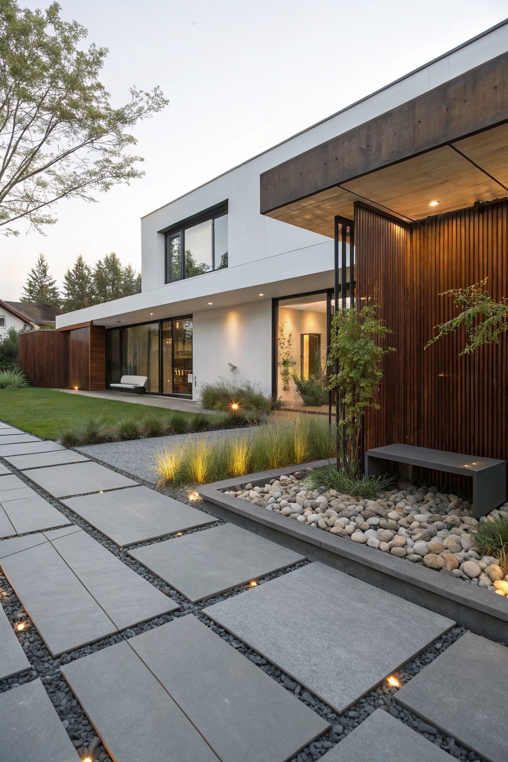 Modern house exterior with white walls, wood cladding, and a front pathway of large gray rectangular pavers set into gravel channels, edged by ornamental grasses, pebble beds, and a concrete bench.