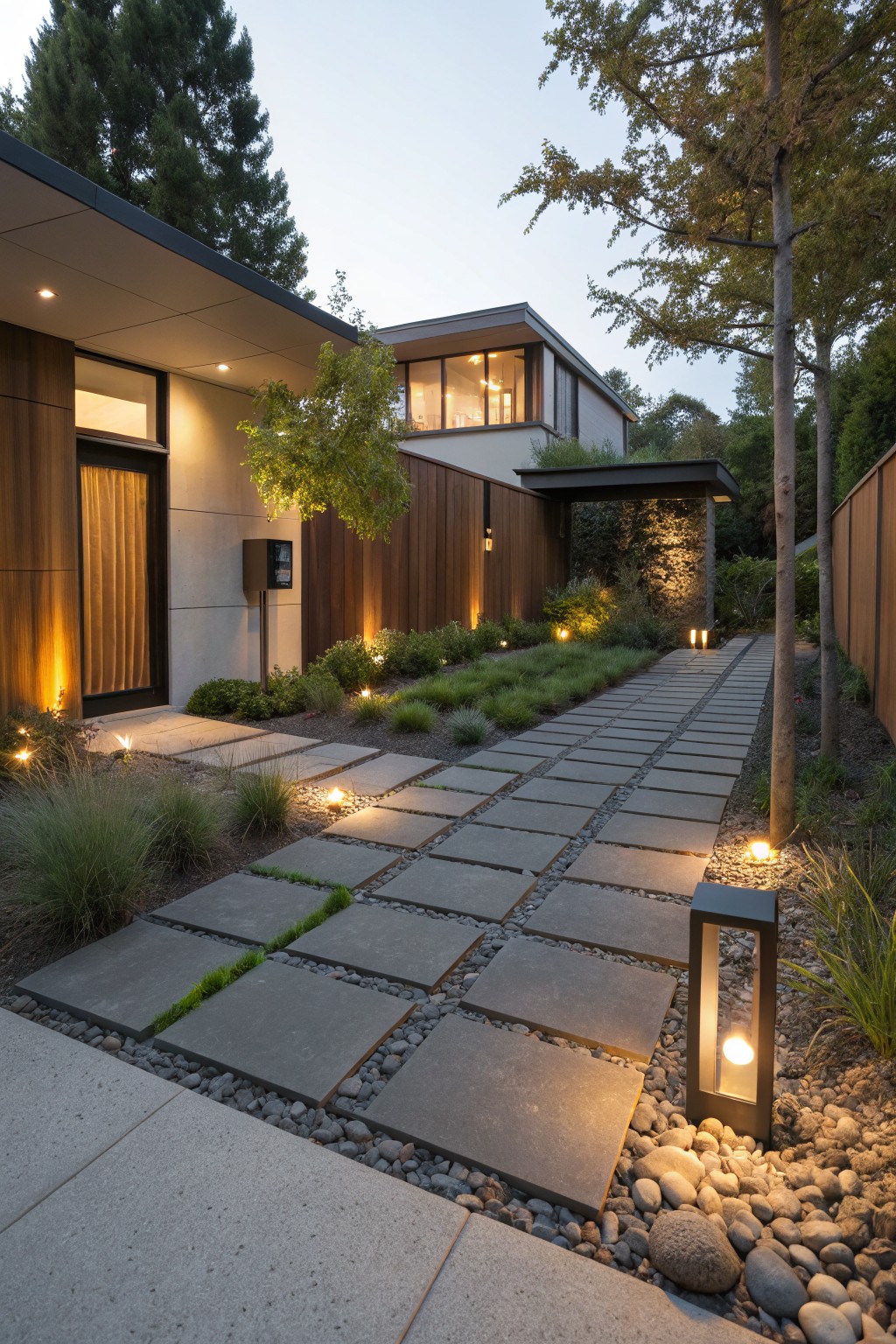 Modern wood and concrete house exterior at dusk with dark gray rectangular paver walkway set in gravel, flanked by ornamental grasses and illuminated by low path lights leading to the entry door.
