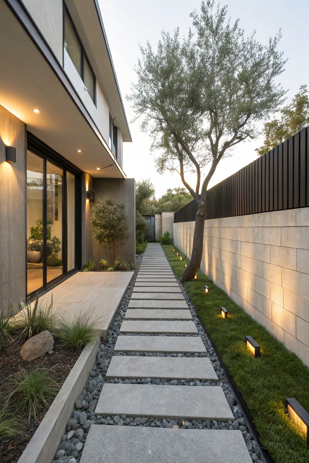 Modern house exterior with a linear pathway of large gray concrete pavers set in gravel beside a grass strip, low plants, an olive tree, block walls, and ground-mounted lights leading to sliding glass doors.
