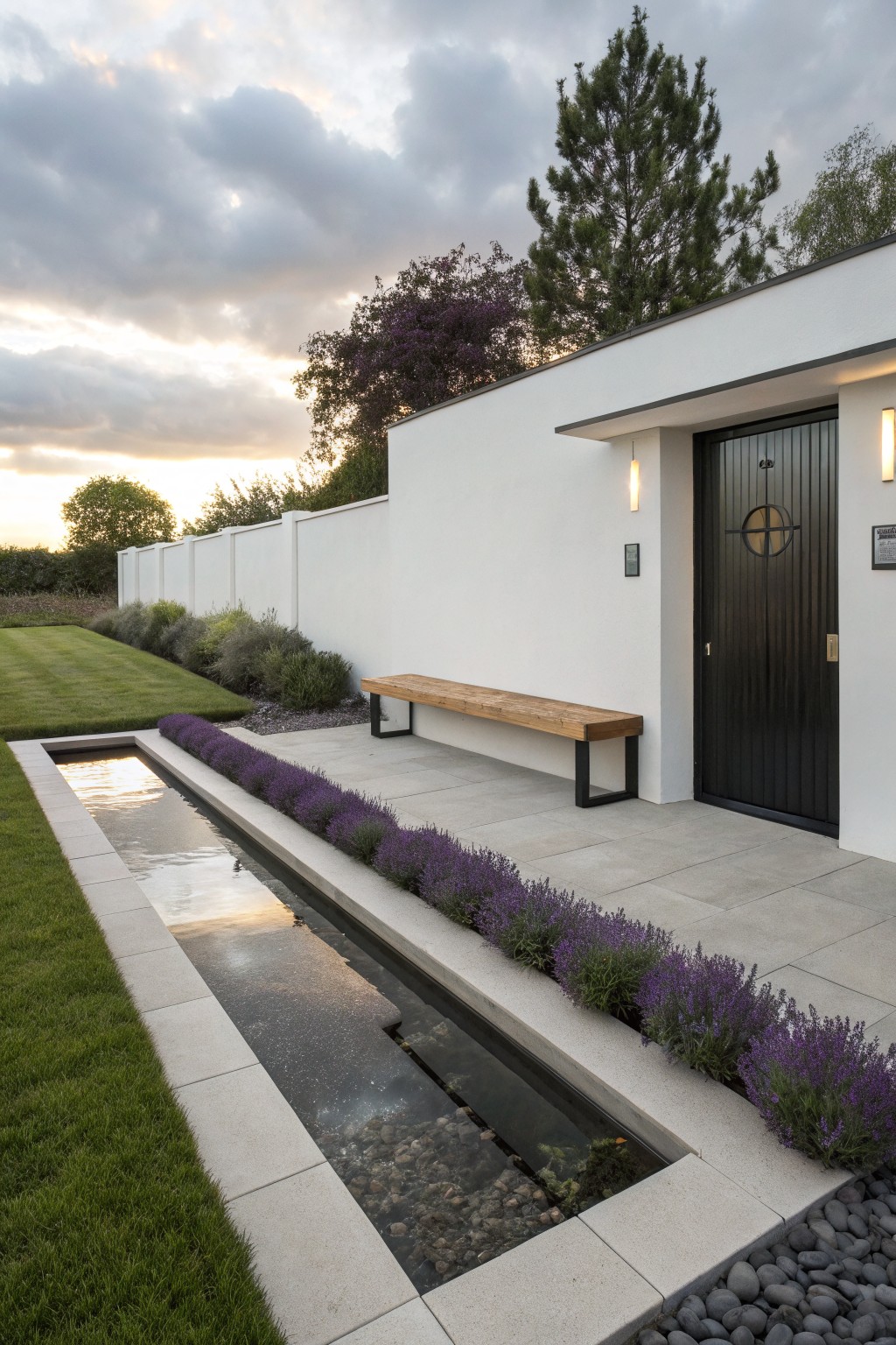 Modern white house facade with black front door, wooden bench on metal legs, narrow linear reflecting pool with pebbles and water edged by purple lavender plants, manicured lawn, and white boundary wall under cloudy sky.