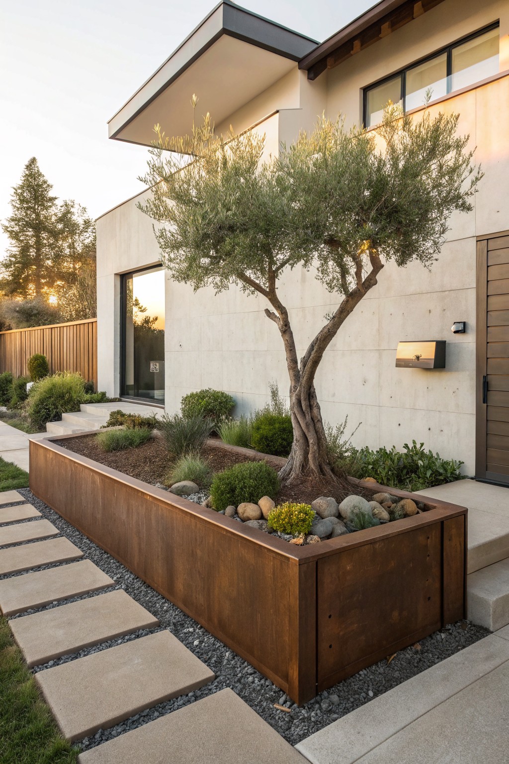 Modern stucco house exterior featuring a corten steel raised planter bed with an olive tree, grasses, pebbles, and rocks beside a concrete stepping stone path leading to wooden entry doors.