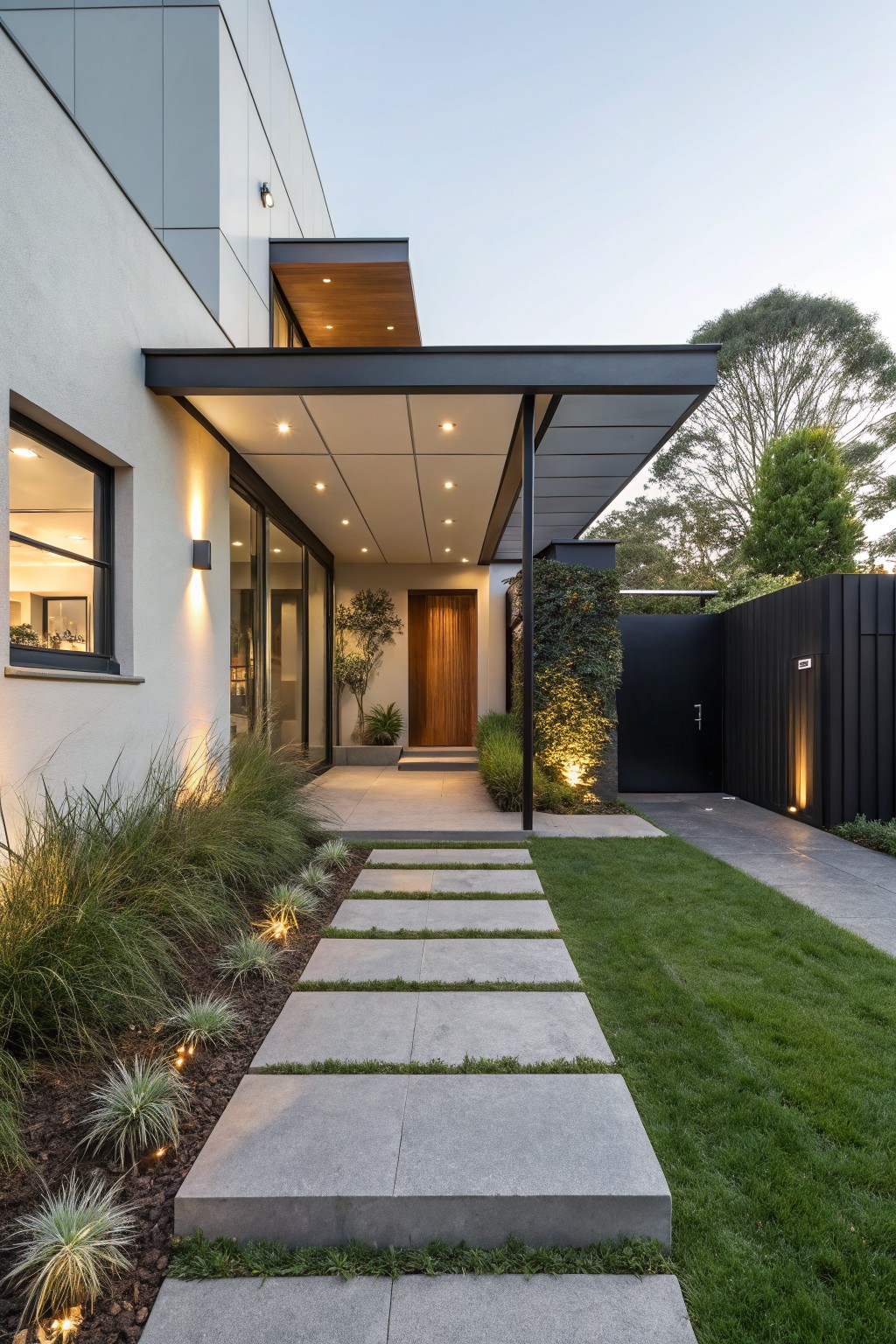 Modern minimalist house facade with a linear pathway of large gray concrete stepping stones set into green lawn, flanked by tall ornamental grasses and low groundcovers, leading to a wooden entry door under a metal canopy with black side fencing and trees nearby.